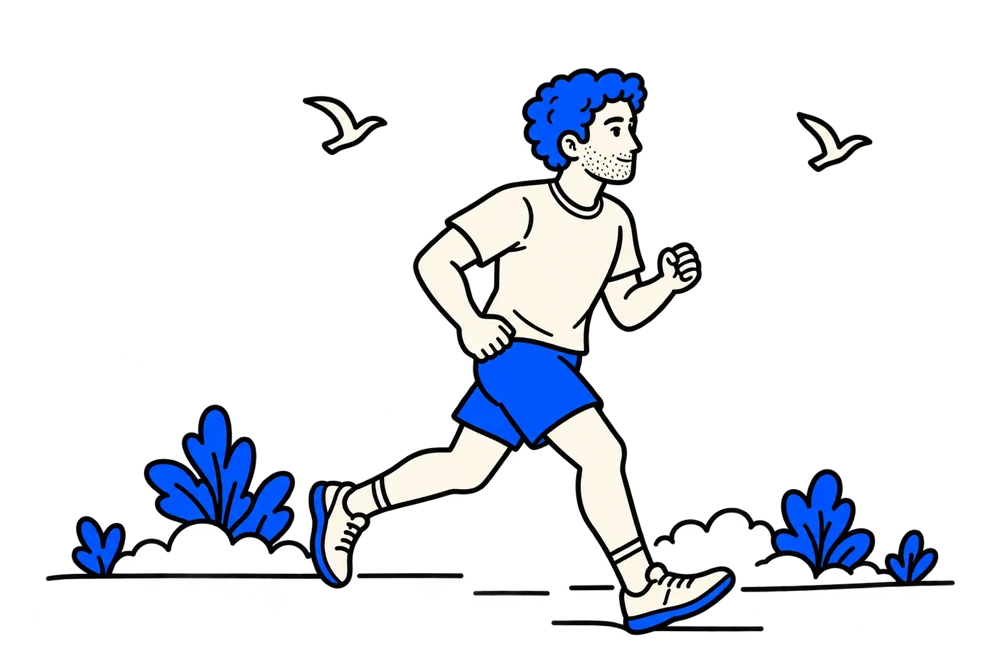 Our blue-haired character running in shoes with blue soles, with two birds overhead